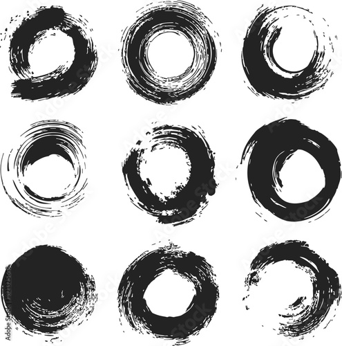 Brush stroke circle set sketch hand drawn grunge ink round shapes. Vector illustration