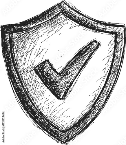 Shield with check mark sketch, hand drawn security protection symbol. Vector illustration