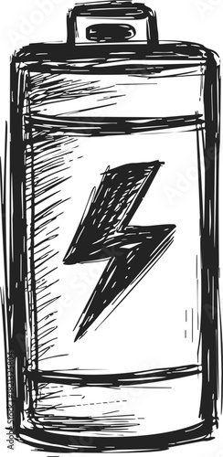 Battery sketch hand drawn with lightning bolt symbol, black and white line art. Vector illustration