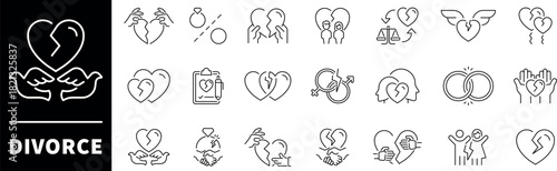 Divorce vector icons collection. Thin line icons related to divorce and separation. Divorce vector icons in line style