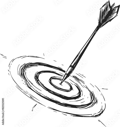 Arrow hitting bullseye hand drawn sketch, dynamic target success concept. Vector illustration