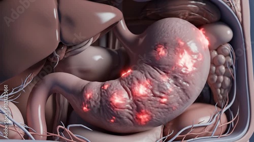Detailed 3D Animation of Stomach Inflammation and Gastric Ulcers in Human Digestive System.