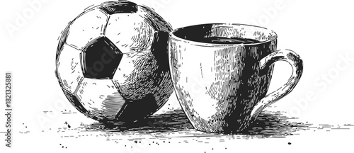 Soccer ball and coffee cup sketch, hand drawn style, detailed black and white composition. Vector illustration