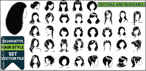 Women's Silhouette Hair Style Vector Set .