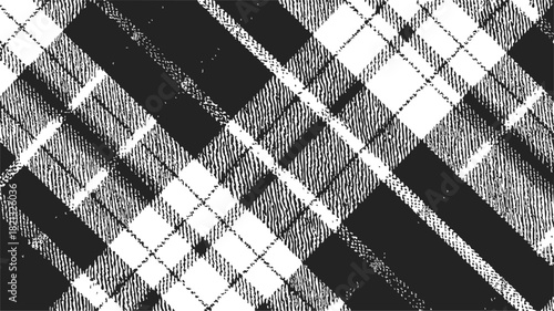 Black and white plaid pattern, sketch hand drawn, diagonal crisscross lines and textured checks. Vector illustration
