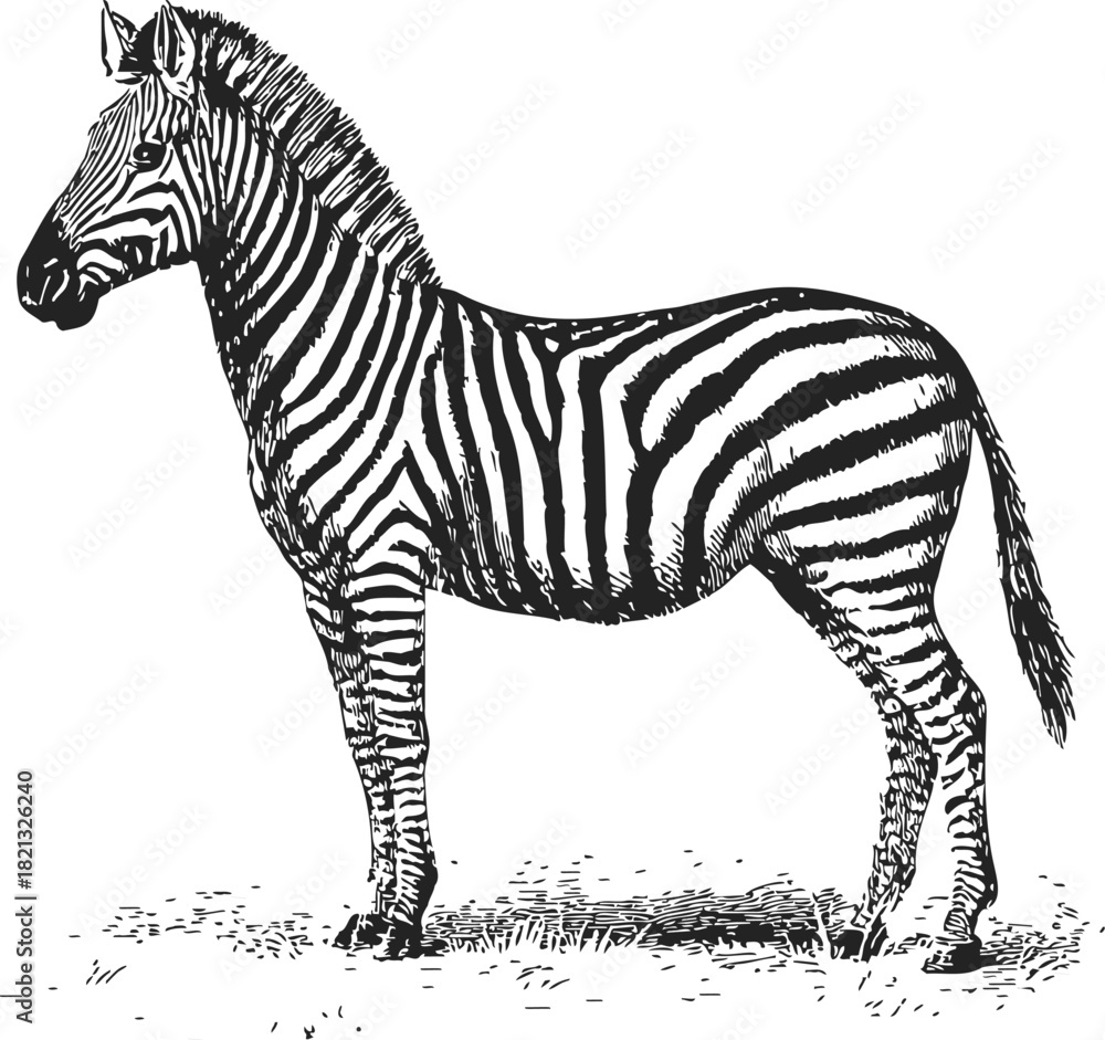 Fototapeta premium Zebra sketch hand drawn side view with detailed stripes and grass. Vector illustration