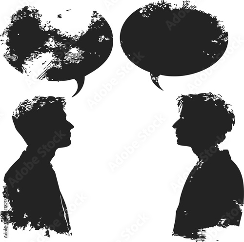Two men silhouette sketch with speech bubbles, hand drawn grunge style. Vector illustration