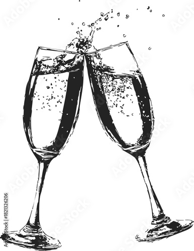 Wallpaper Mural Champagne glasses sketch hand drawn clinking with bubbles splash. Vector illustration Torontodigital.ca