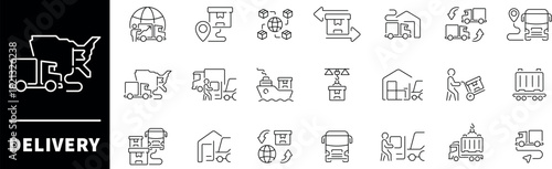 Delivery vector icons collection. Thin line icons related to delivery and logistics. Delivery vector icons in line style