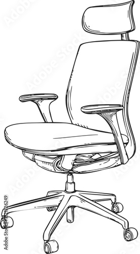 Office chair sketch, hand drawn ergonomic design with headrest and armrests. Vector illustration