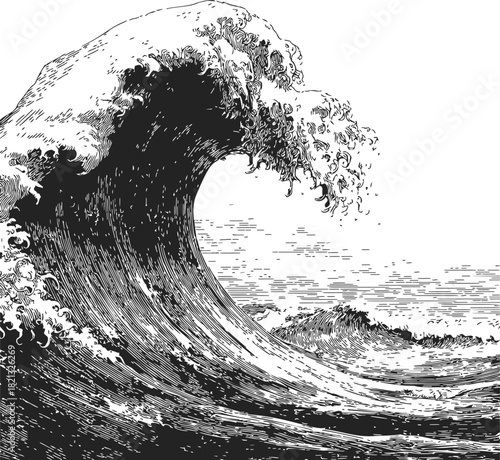 Wave hand drawn sketch, dramatic large ocean wave cresting with foam. Vector illustration