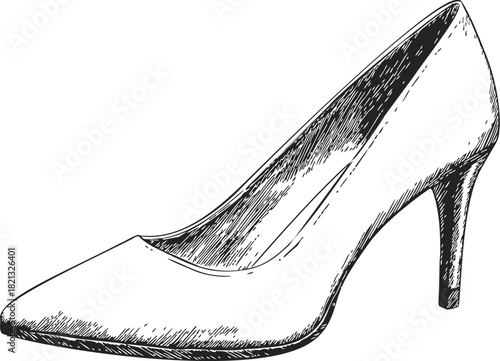 High heel shoe sketch, hand drawn classic stiletto with pointed toe. Vector illustration