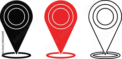 Location pin icons in black, red, and outline for navigation and mapping