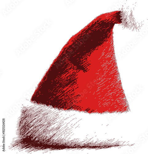 Santa hat, hand drawn sketch with red fabric and white fur trim. Vector illustration