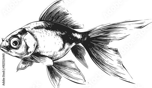Goldfish sketch, hand drawn vector, detailed fins and scales, side view. Vector illustration