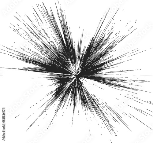 Black ink explosion sketch, hand drawn burst with dynamic splatter lines on white background. Vector illustration