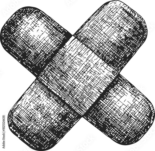 Bandage cross sketch, hand drawn style, detailed textured medical adhesive plasters. Vector illustration
