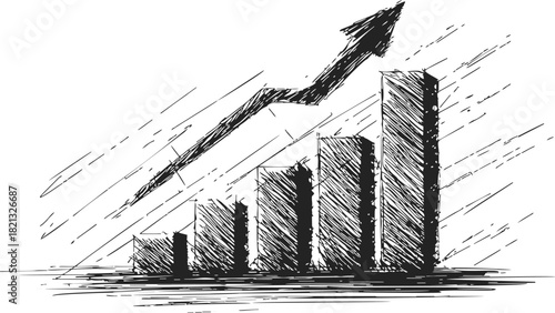 Bar chart sketch with upward arrow, hand drawn style, symbolizing growth and success. Vector illustration