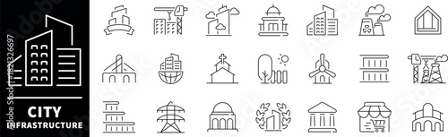City infrastructure vector icons collection. Thin line icons related to infrastructure and city development. Infrastructure vector icons in line style
