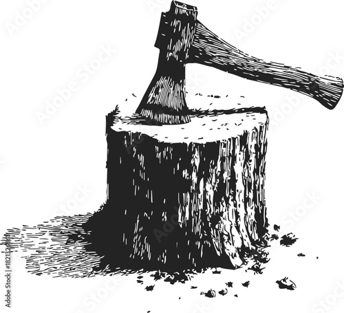 Axe embedded in tree stump, sketch hand drawn style, woodcut scene. Vector illustration