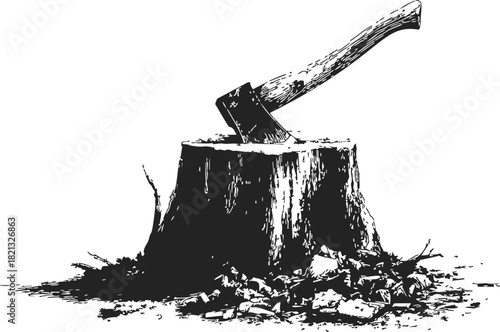 Axe embedded in tree stump, hand drawn sketch, woodcutting tool illustration. Vector illustration