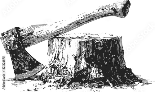 Axe and tree stump sketch, hand drawn rustic wood chopping scene. Vector illustration