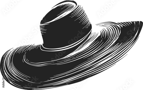 Wide brim hat sketch, hand drawn style with sweeping lines and textured shading. Vector illustration
