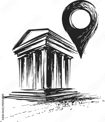 Ancient Greek temple sketch with location pin, hand drawn architectural landmark. Vector illustration
