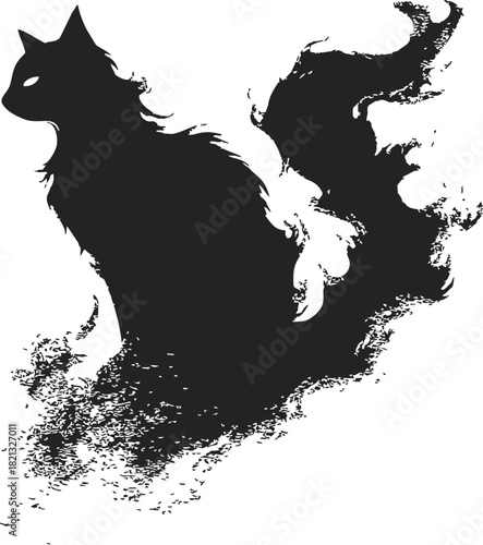 Black cat silhouette sketch with dissolving fur and mystical hand drawn style. Vector illustration