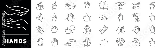 Hand gestures vector icons collection. Thin line icons related to hand gestures and sign language. Hand gestures vector icons in line style