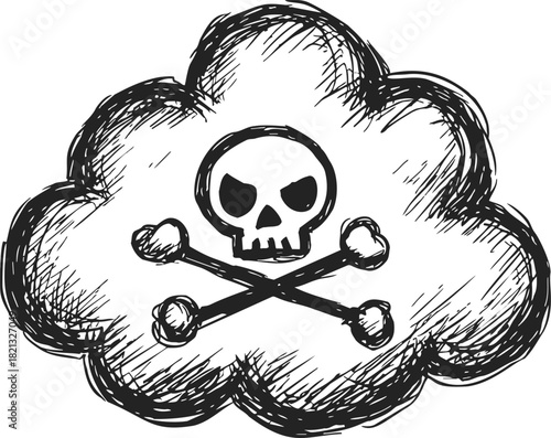 Skull and crossbones sketch in cloud shape, hand drawn toxic warning. Vector illustration