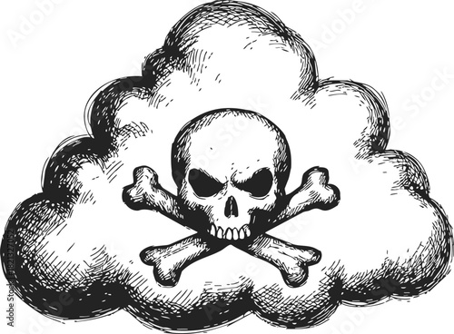 Skull and crossbones sketch inside cloud, hand drawn toxic gas warning. Vector illustration