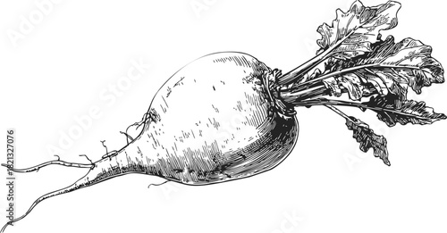 Beetroot sketch hand drawn with detailed leaves and root. Vector illustration