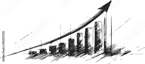 Bar chart sketch hand drawn with upward arrow showing growth trend. Vector illustration