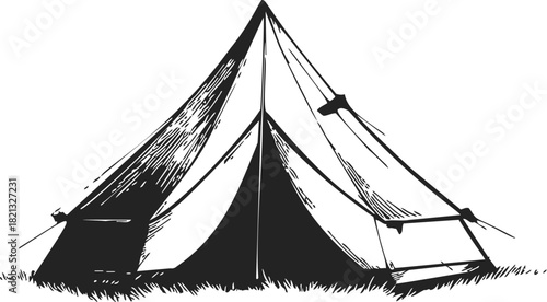 Tent sketch hand drawn classic camping shelter with ropes and grass. Vector illustration