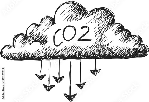 CO2 cloud sketch hand drawn with arrows symbolizing carbon dioxide emission. Vector illustration