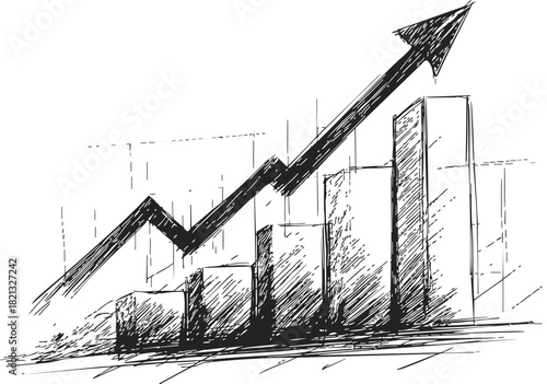 Bar chart sketch with upward arrow, hand drawn style, representing growth or progress. Vector illustration