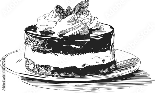 Chocolate cake slice, hand drawn sketch style with whipped cream topping and mint leaves. Vector illustration