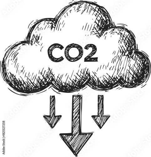 CO2 cloud sketch with downward arrows, hand drawn style, symbolizing carbon emissions. Vector illustration