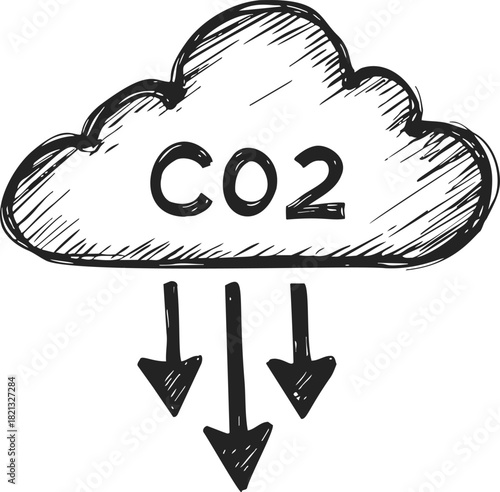 CO2 cloud sketch, hand drawn style with downward arrows indicating carbon emissions. Vector illustration