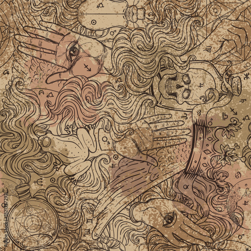 Mystic seamless pattern inspired by medieval manuscripts, featuring esoteric, magical, and occult symbols. Retro hand-drawn vector texture perfect for wallpapers, textiles, and wrapping designs.