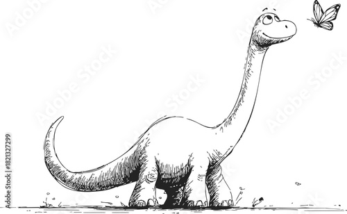 Dinosaur hand drawn sketch, long-necked sauropod with butterfly, line art. Vector illustration