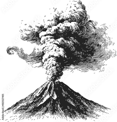 Volcano hand drawn sketch erupting with smoke and ash cloud. Vector illustration