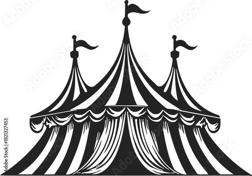 Circus tent sketch, hand drawn vector with striped big top and waving flags. Vector illustration