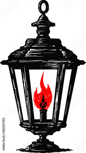 Antique lantern sketch hand drawn with red flame inside, vintage style. Vector illustration