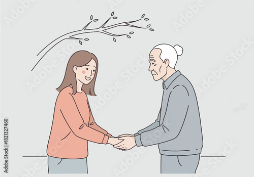 Supportive relationship girl and elderly man holding hands