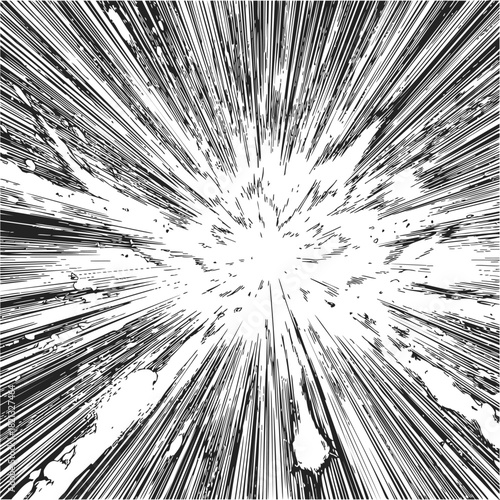 Manga explosion sketch, hand drawn dynamic burst with radiating speed lines. Vector illustration