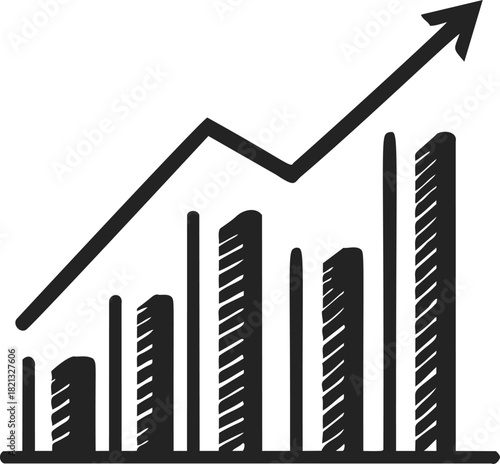Bar chart sketch with upward arrow, hand drawn vector illustration of growth and success. Vector illustration