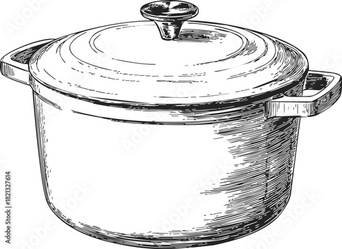 Stock pot sketch, hand drawn vector kitchen cookware with lid and handles. Vector illustration
