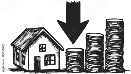 House with downward arrow and stacked coins, sketch hand drawn, symbolizing real estate value decline. Vector illustration